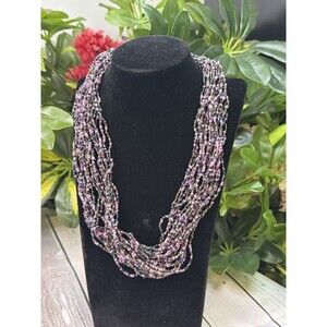 Vintage Multi Strand Iridescent Seed Bead Necklace Pink Purple Boho 20”
